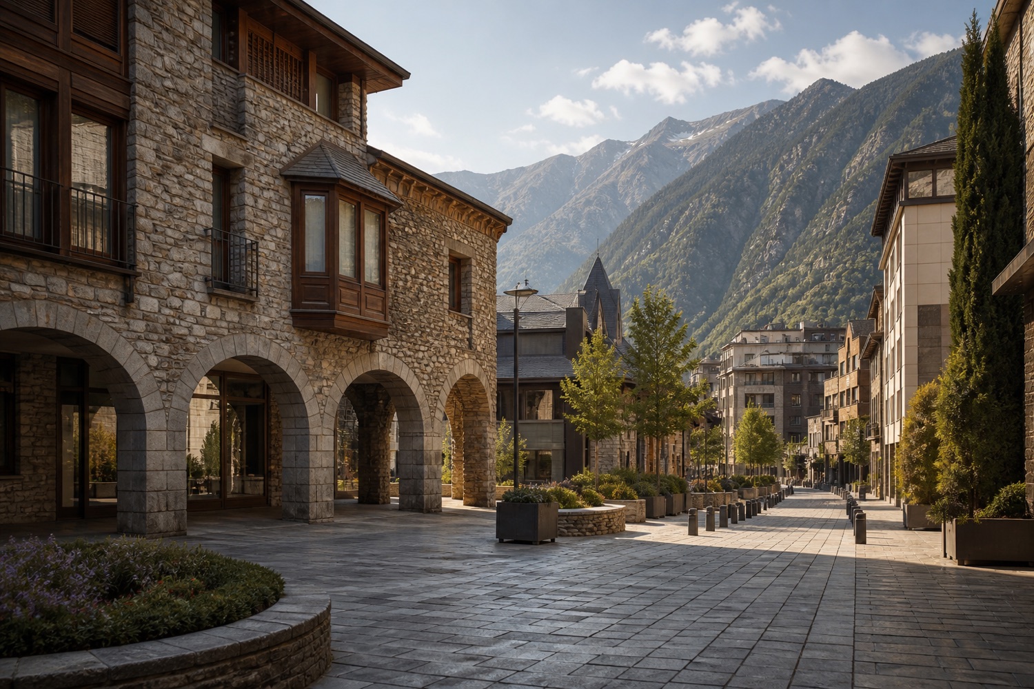 Calle urbana de Andorra con arquitectura de piedra y montañas al fondo.